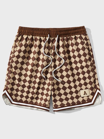 Prep Men Checker Print Striped Trim Drawstring Waist Basketball Shorts, School