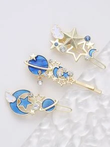 Conjunto de 3 horquillas de aleación con diseño de fantasía de planetas, luna, estrellas y letras, para uso diario de niñas, estilo Royal - Azul - Ver 1