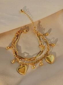 Pulsera a capas con accesorio de corazón - Amarillo Oro - Ver 3