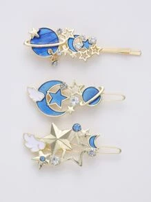 Conjunto de 3 horquillas de aleación con diseño de fantasía de planetas, luna, estrellas y letras, para uso diario de niñas, estilo Royal - Azul - Ver 3