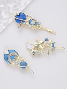 Conjunto de 3 horquillas de aleación con diseño de fantasía de planetas, luna, estrellas y letras, para uso diario de niñas, estilo Royal - Azul - Ver 4