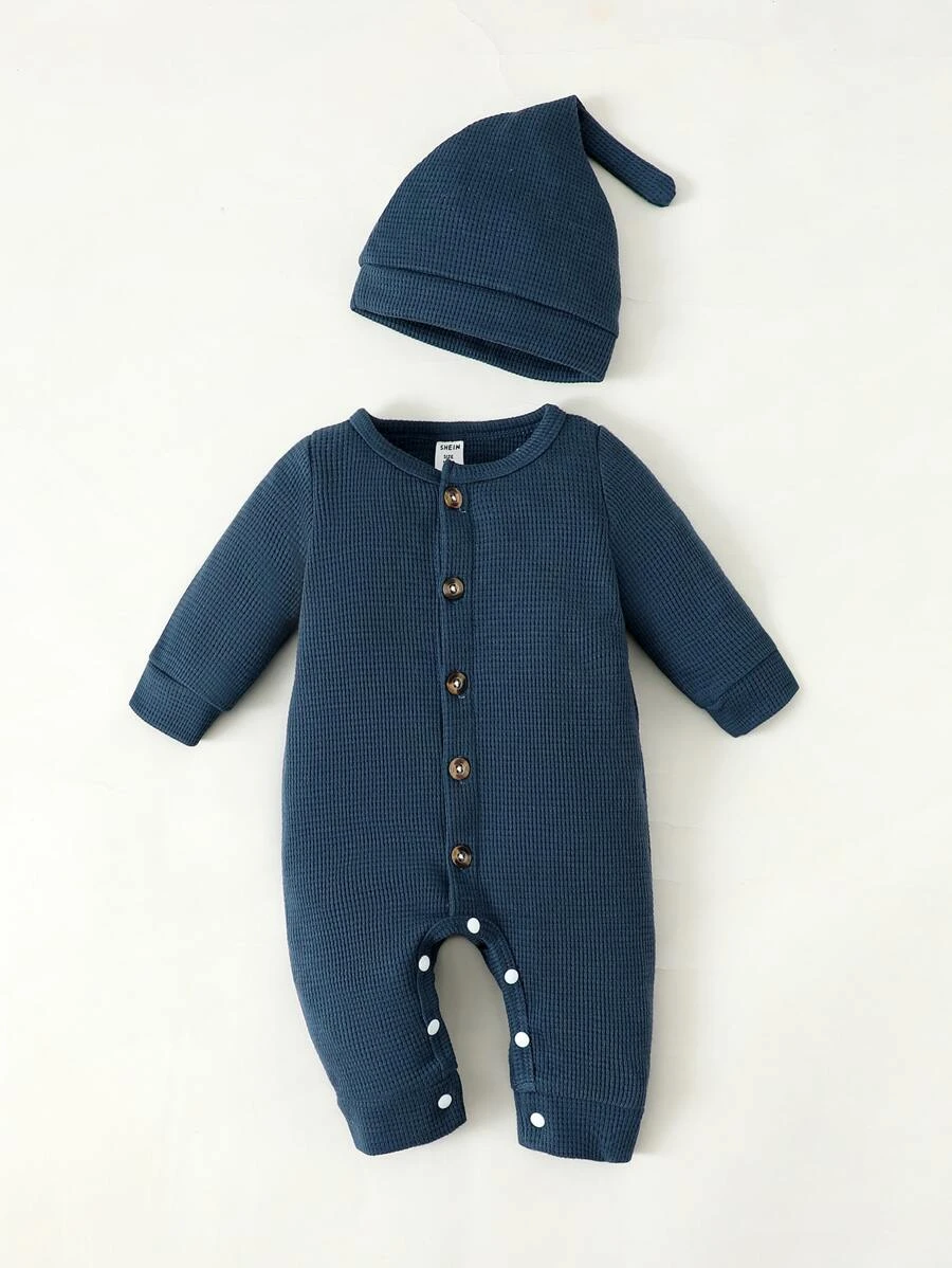 SHEIN 男婴童華夫格編織連身褲 - 藏蓝色 - 查看 1