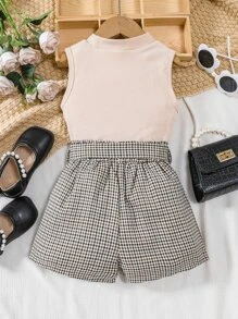 SHEIN 小女童前蝴蝶結背心上衣和格紋附腰帶短褲 - 彩色 - 查看 2