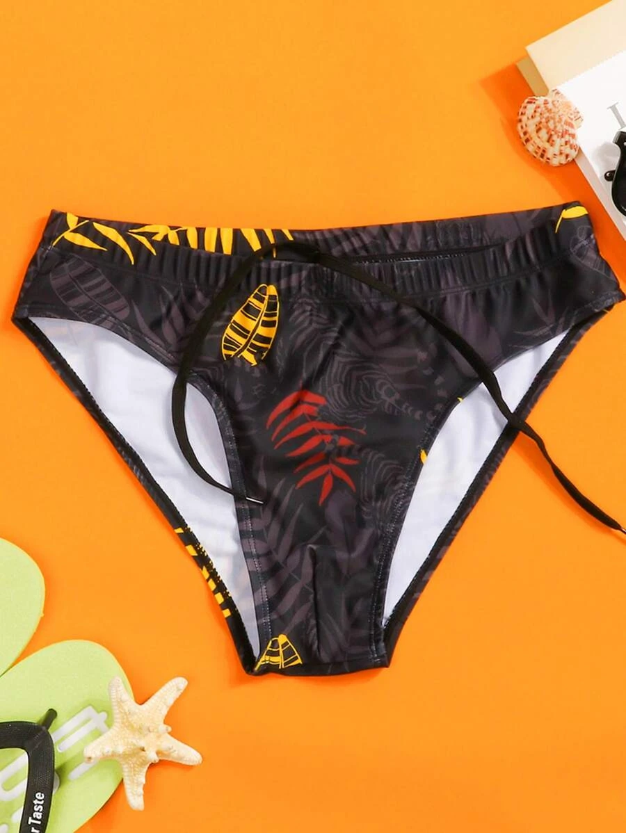 Manfinity Men Leaf Print Swim Brief - Black - View 1