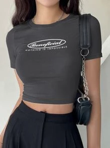 DAZY Slogan Graphic Crop Tee - Dark Grey - View 1