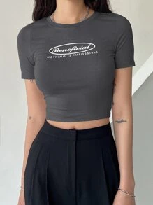 DAZY Slogan Graphic Crop Tee - Dark Grey - View 4