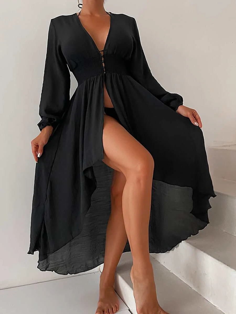 SHEIN Swim 前扣褶皱腰和服，适合夏季海滩度假 - 黑色 - 查看 1