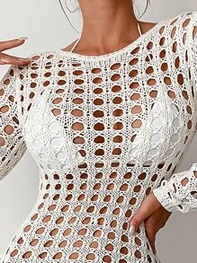 SHEIN Swim Summer Beach Hollow Out Cover Up Dress Without Bikini Set - Beige - View 4