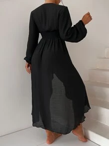 SHEIN Swim 前扣褶皱腰和服，适合夏季海滩度假 - 黑色 - 查看 2