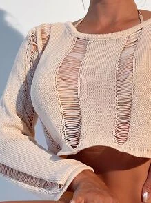 Open Stitch Detail Crop Cover Up Without Bikini - Apricot - View 4