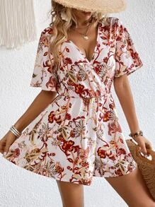 SHEIN VCAY Floral Print Butterfly Sleeve Romper - Multicolor - View 1