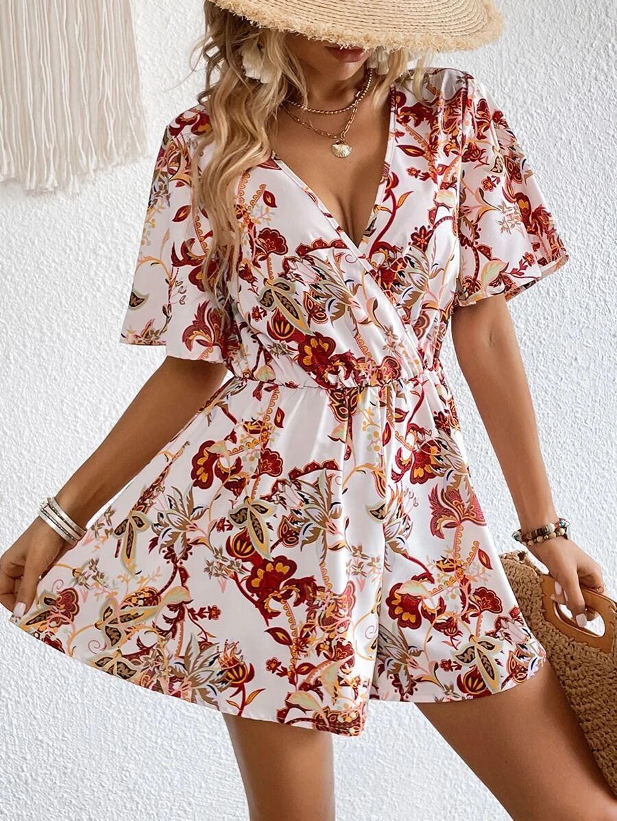 SHEIN VCAY Floral Print Butterfly Sleeve Romper - Multicolor - View 1