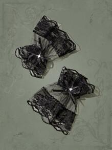ROMWE Goth Mangas de brazo con diamante de imitación & con diseño de lazo con encaje floral - Negro - Ver 4