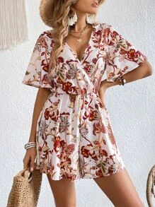 SHEIN VCAY Floral Print Butterfly Sleeve Romper - Multicolor - View 3
