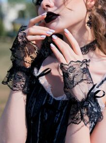 ROMWE Goth Mangas de brazo con diamante de imitación & con diseño de lazo con encaje floral - Negro - Ver 5