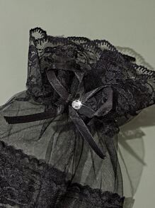 ROMWE Goth Mangas de brazo con diamante de imitación & con diseño de lazo con encaje floral - Negro - Ver 6