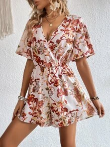 SHEIN VCAY Floral Print Butterfly Sleeve Romper - Multicolor - View 6