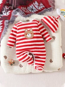 Baby Striped & Cartoon Embroidery Footed Sleep Jumpsuit - Red and White - View 1