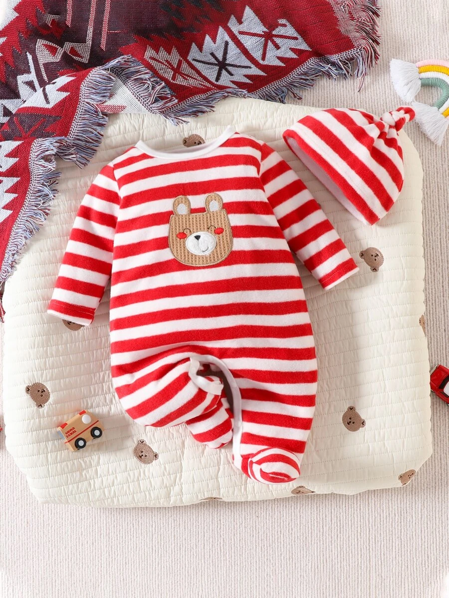 Baby Striped & Cartoon Embroidery Footed Sleep Jumpsuit - Red and White - View 1