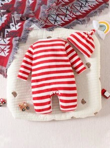 Baby Striped & Cartoon Embroidery Footed Sleep Jumpsuit - Red and White - View 2