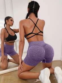 Yoga Basic Seamless Scrunch Butt Tummy Control Sports Shorts - Violet Purple - View 5