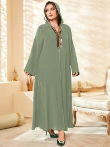 Al Najma 大碼亮片拼接連帽超長摩洛哥連身袍 - 青檸色 - 查看 1