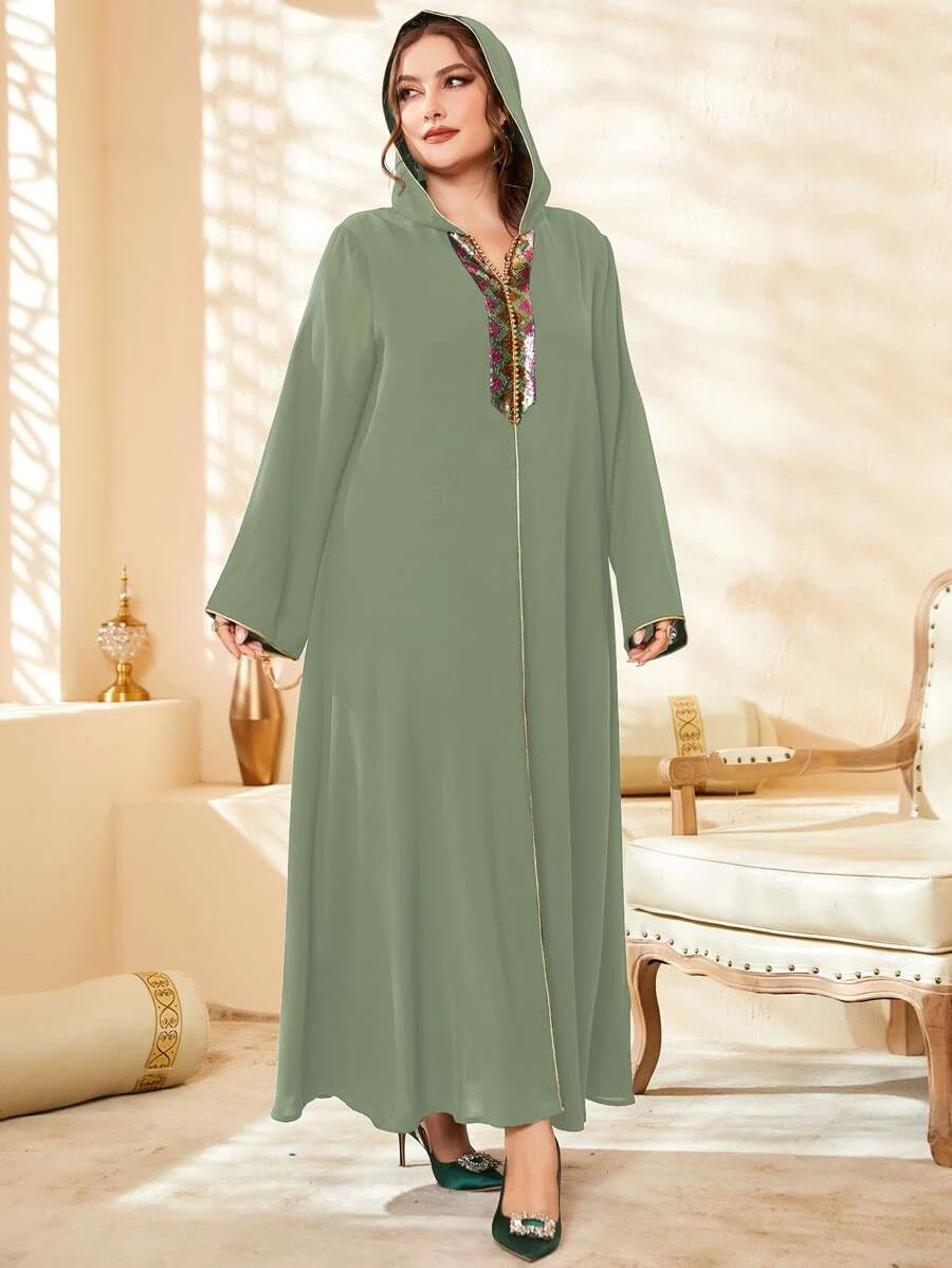 Al Najma 大碼亮片拼接連帽超長摩洛哥連身袍 - 青檸色 - 查看 1