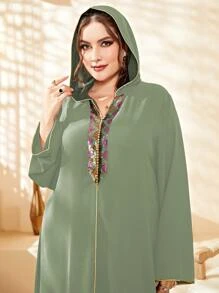 Al Najma 大碼亮片拼接連帽超長摩洛哥連身袍 - 青檸色 - 查看 3