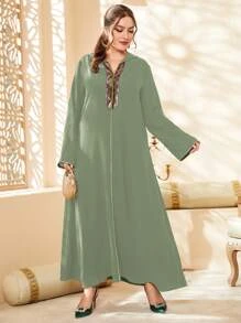 Al Najma 大碼亮片拼接連帽超長摩洛哥連身袍 - 青檸色 - 查看 4