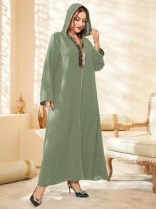 Al Najma 大碼亮片拼接連帽超長摩洛哥連身袍 - 青檸色 - 查看 5