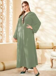 Al Najma 大碼亮片拼接連帽超長摩洛哥連身袍 - 青檸色 - 查看 6