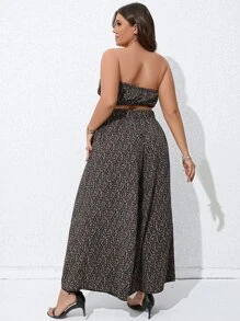 SHEIN Holidaya Plus Ditsy Floral Print Crop Tube Top & Wide Leg Trousers - Black and White - View 2