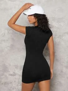 SHEIN BASICS 1 Pieza Vestido De Punto Acanalado Sólido - Negro - Ver 4