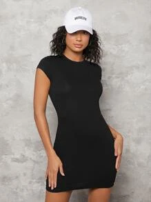 SHEIN BASICS 1 Pieza Vestido De Punto Acanalado Sólido - Negro - Ver 3