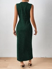 Zolique Surplice Neck Ruched Tulip Hem Zip Back Glitter Dress Maxi Women Outfit - Dark Green - View 2