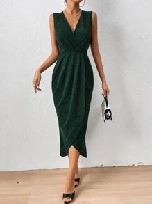 Zolique Surplice Neck Ruched Tulip Hem Zip Back Glitter Dress Maxi Women Outfit - Dark Green - View 4