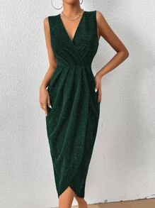 Zolique Surplice Neck Ruched Tulip Hem Zip Back Glitter Dress Maxi Women Outfit - Dark Green - View 5