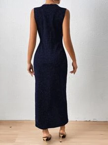 Zolique Surplice Neck Ruched Tulip Hem Zip Back Glitter Dress Maxi Women Outfit - Navy Blue - View 2