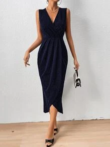 Zolique Surplice Neck Ruched Tulip Hem Zip Back Glitter Dress Maxi Women Outfit - Navy Blue - View 5