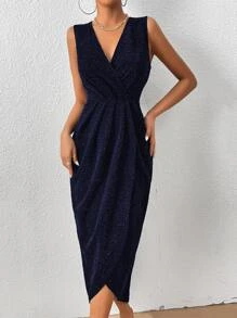 Zolique Surplice Neck Ruched Tulip Hem Zip Back Glitter Dress Maxi Women Outfit - Navy Blue - View 6