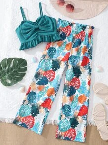 SHEIN Girls Bow Front Ruffle Hem Cami Top & Tropical Print Trousers - Multicolor - View 1