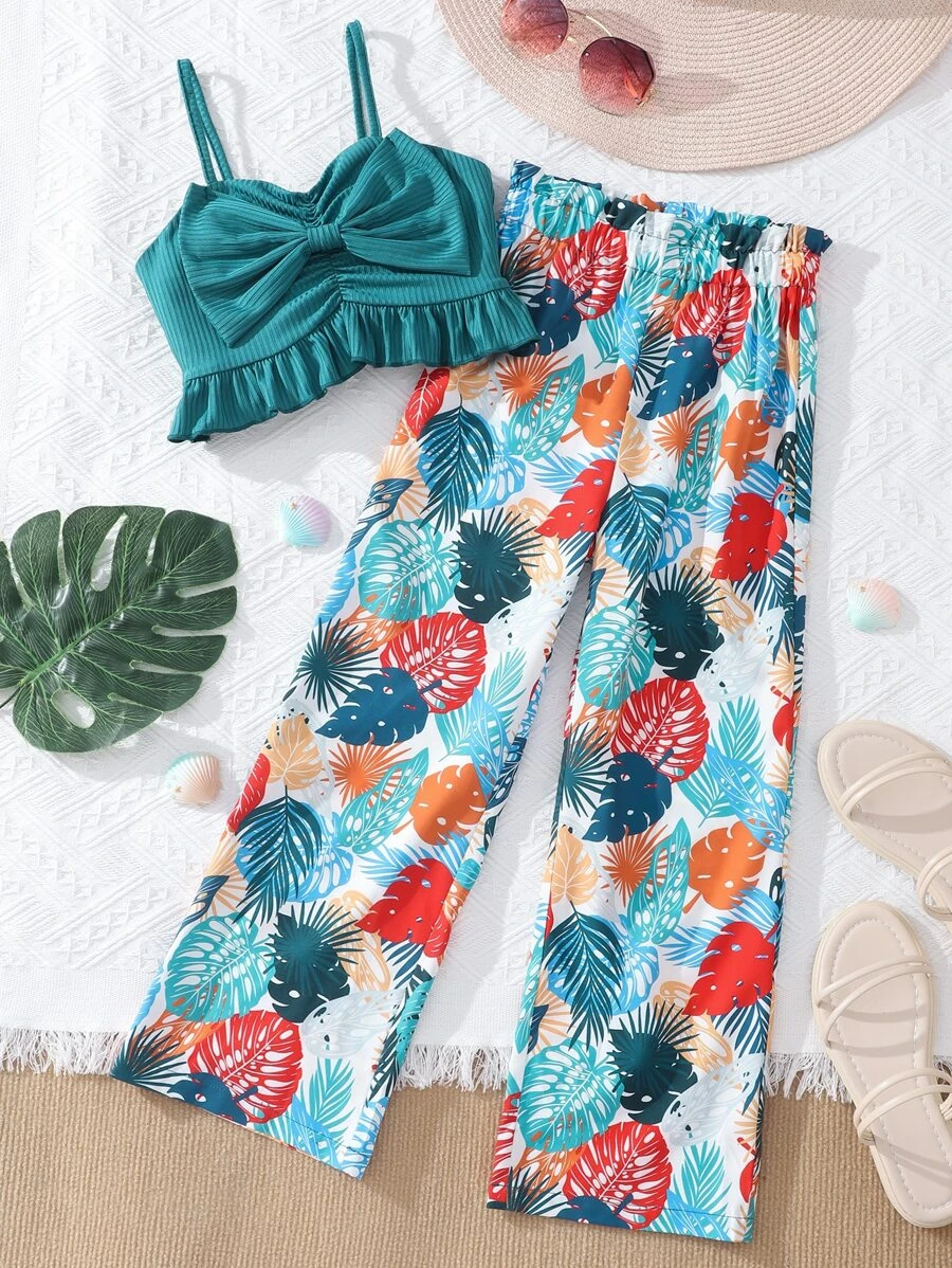 SHEIN Girls Bow Front Ruffle Hem Cami Top & Tropical Print Trousers - Multicolor - View 1