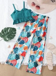 SHEIN Girls Bow Front Ruffle Hem Cami Top & Tropical Print Trousers - Multicolor - View 2