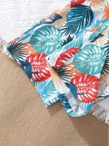 SHEIN Girls Bow Front Ruffle Hem Cami Top & Tropical Print Trousers - Multicolor - View 6