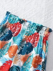 SHEIN Girls Bow Front Ruffle Hem Cami Top & Tropical Print Trousers - Multicolor - View 7