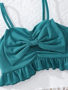 SHEIN Girls Bow Front Ruffle Hem Cami Top & Tropical Print Trousers - Multicolor - View 8