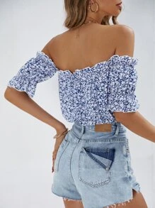 SHEIN VCAY Áo sơ mi nữ viền lá sen Thắt nút Họa tiết hoa Boho - Màu xanh lam - Xem 2