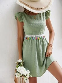 SHEIN VCAY Swiss Dot Tassel Trim Tie Backless Ruffle Trim Dress