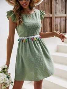 SHEIN VCAY Swiss Dot Tassel Trim Tie Backless Ruffle Trim Dress