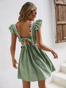 SHEIN VCAY Swiss Dot Tassel Trim Tie Backless Ruffle Trim Dress